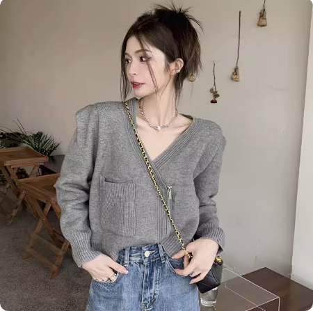 不規則v領拉鏈針織開衫毛衣外套女春秋季設計感小眾寬鬆短款上衣