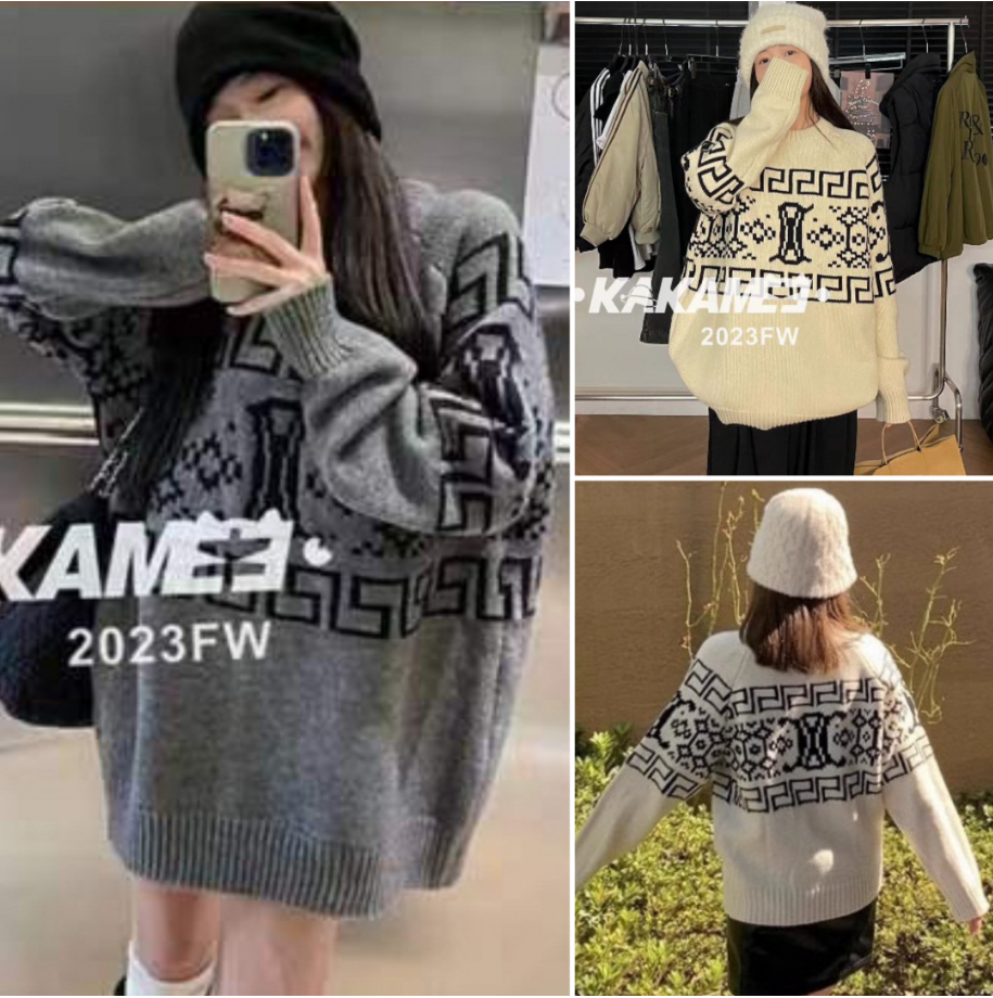 23 autumn and winter American retro double-sided jacquard long-sleeved sweater for women, loose, lazy and versatile round neck sweater