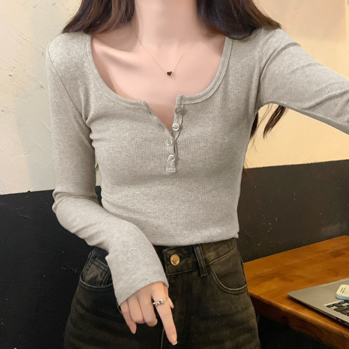 Half open collar hot girl slim t-shirt women's bottoming shirt early autumn Maillard wear chic threaded button long-sleeved top