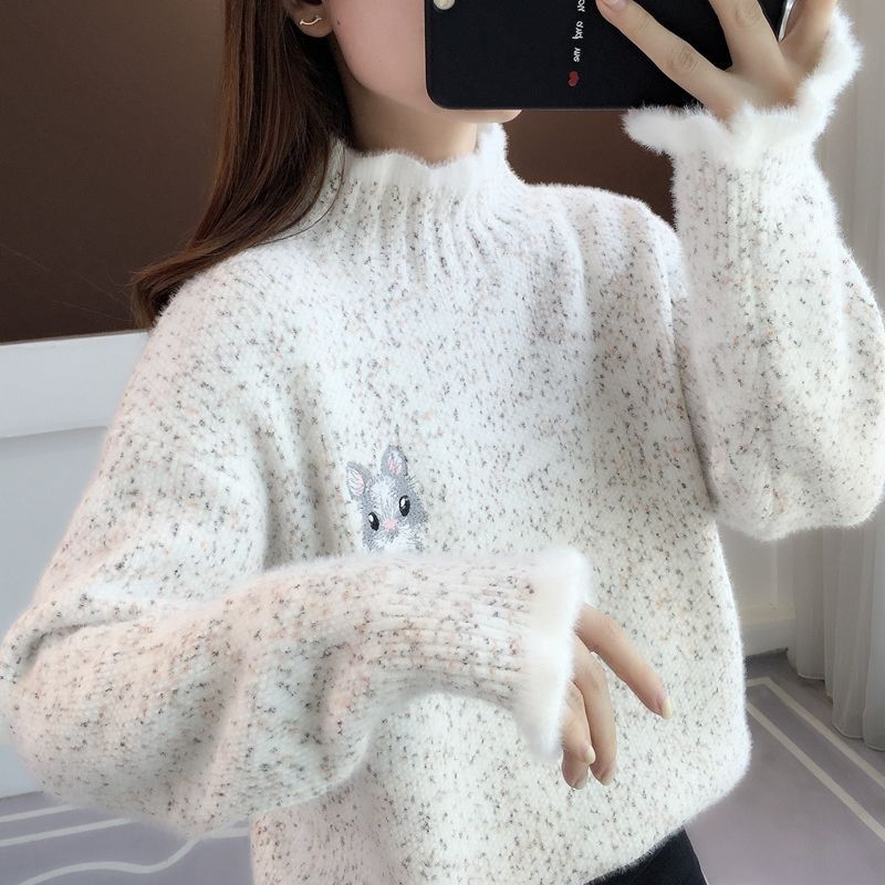 雪尼爾加絨加厚毛衣女2023秋冬季新款寬鬆慵懶半高領打底針織衫女