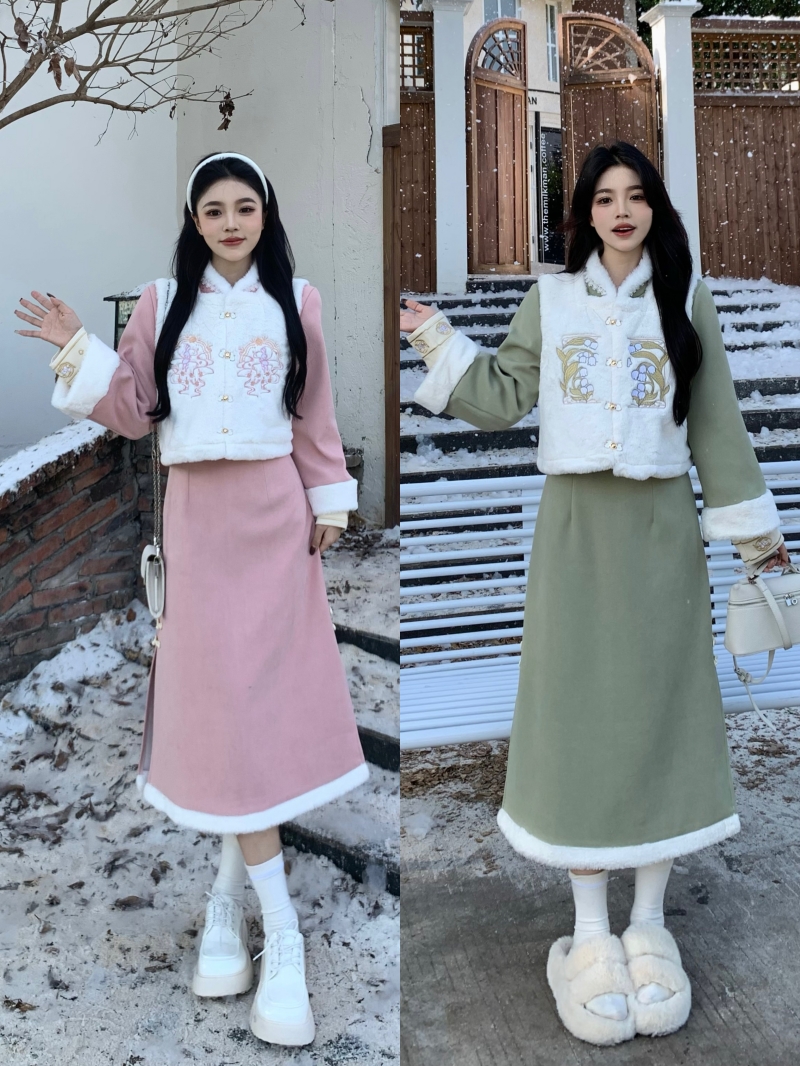 大碼女裝新中式國風改良旗袍女秋冬高級感氣質馬甲連衣裙兩件套裝
