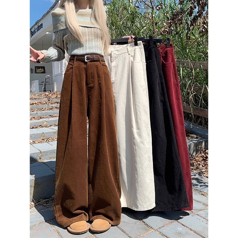 Corduroy casual pants for women in autumn 2023 new retro high-waist slim design wide-leg straight floor-length pants