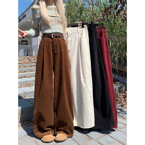 Corduroy casual pants for women in autumn  new retro high-waist slim design wide-leg straight floor-length pants