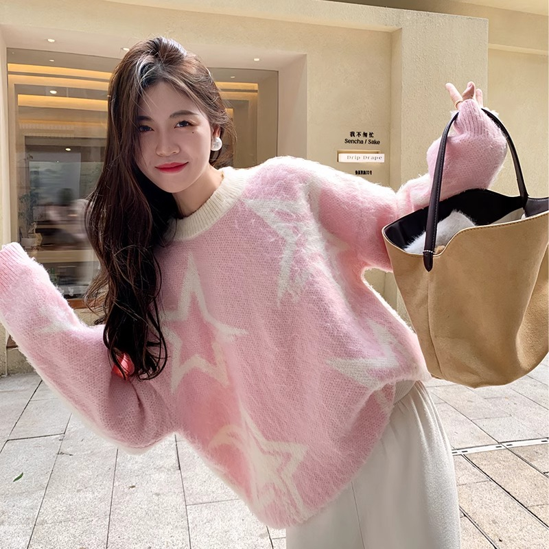 Sheep wool quality 2023 autumn and winter new style pink star pullover sweater for women