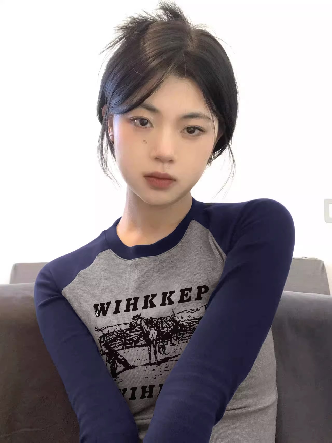 1*1純棉包領撞色插肩袖上衣chic甜辣妹修身顯瘦掐腰長袖t恤
