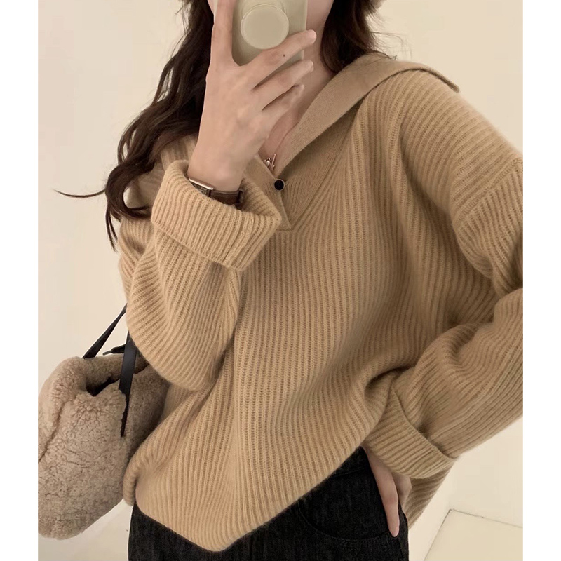 Lapel casual design pitted sweater for women in autumn and winter new style lazy gentle versatile knitted sweater top