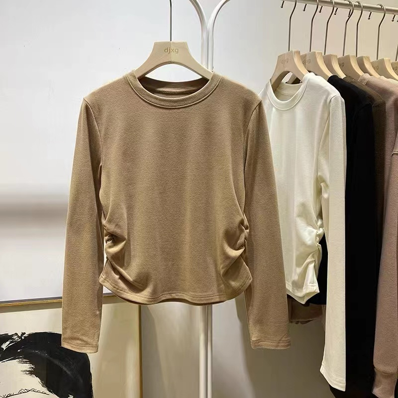 Silk cotton double-sided velvet round neck pullover soft and skin-friendly bottoming shirt 2023 autumn and winter slim fit T-shirt