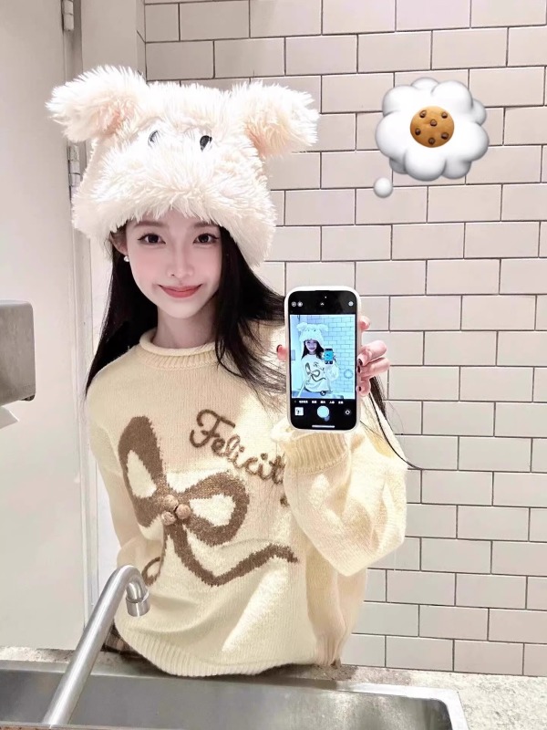 甜美加厚繡花蝴蝶結套頭上衣軟糯慵懶風圓領毛衣秋冬季聖誕針織衫