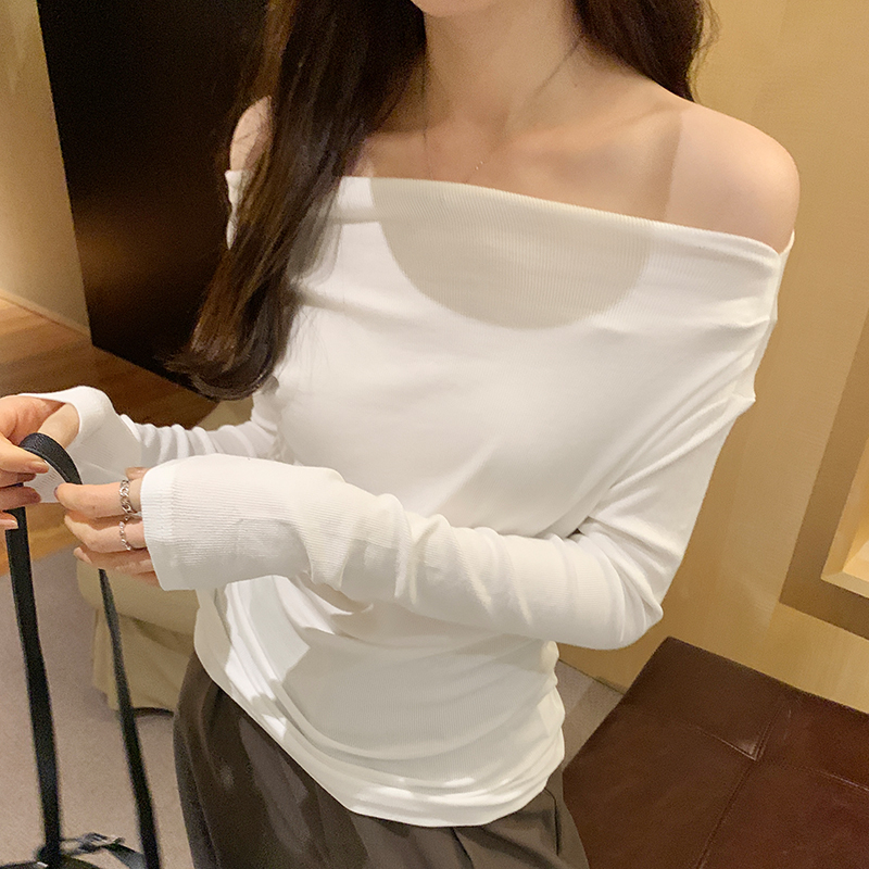 實拍圖純欲辣妹風純色一字領長袖T恤女秋冬2023新款打底修身上衣
