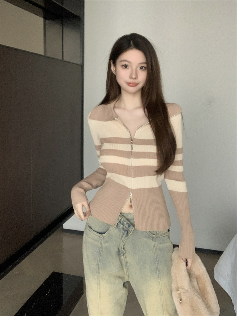 實拍 秋冬美式修身氣質長袖針織開衫女翻領撞色條紋上衣