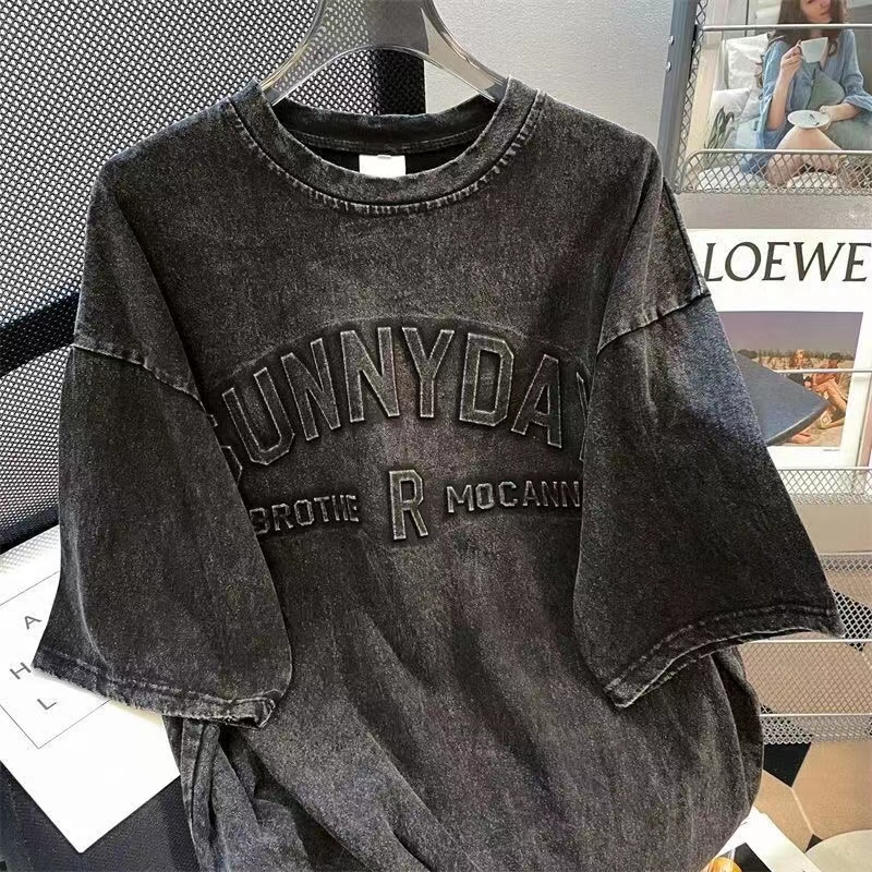 原版仿牛仔洗水棉做舊韓日歐美街頭ins潮男女通勤颯酷暗黑百搭大T