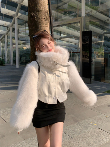 Real shot ~ Eco-friendly fur one-piece heavy-duty embroidered splicing fur winter warm cotton white short jacket