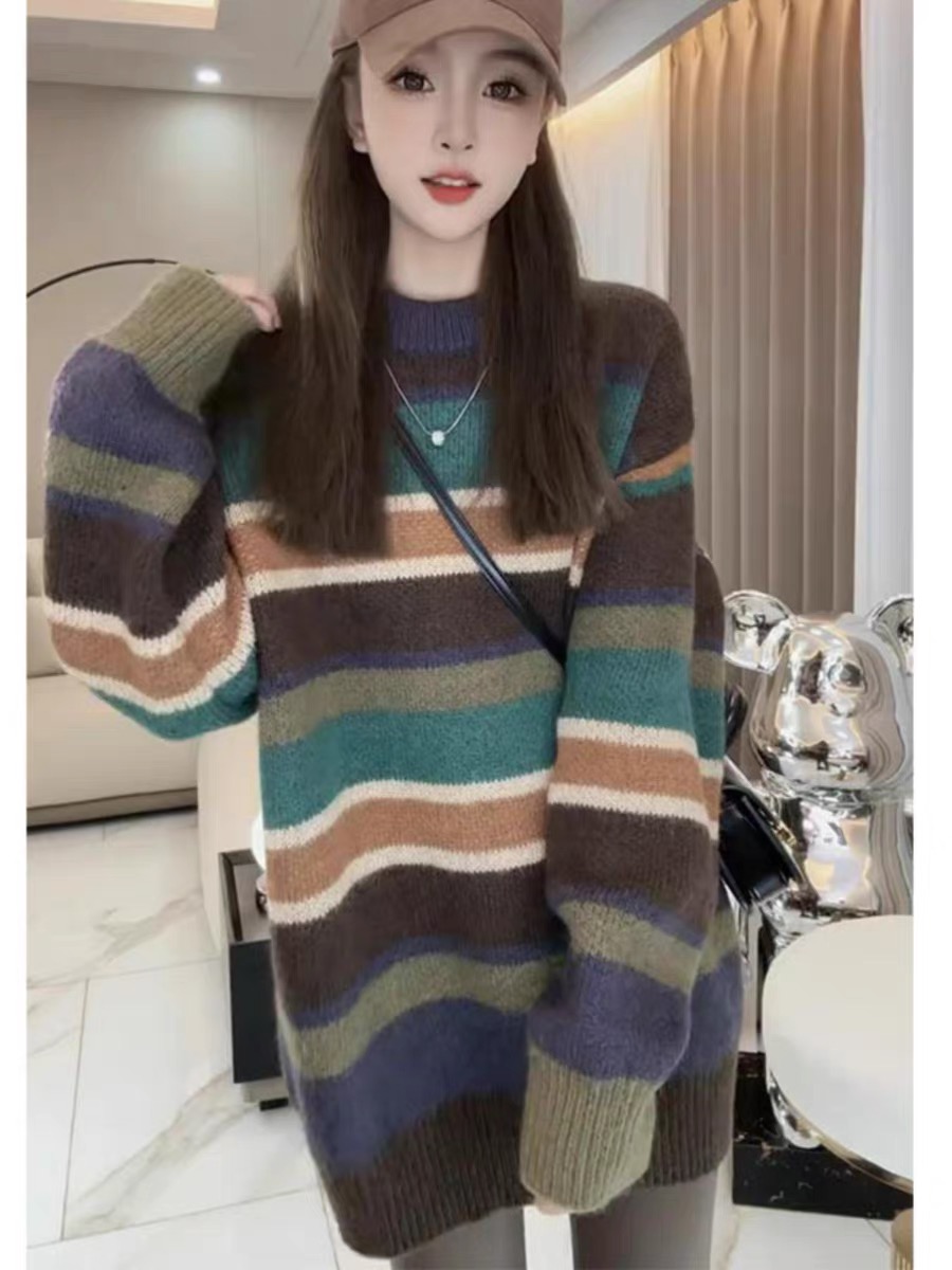 超好看慵懶風撞色條紋套頭針織毛衣女秋冬季2023新款高級感小個子
