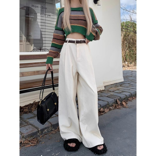 Corduroy casual pants for women in autumn  new retro high-waist slim design wide-leg straight floor-length pants