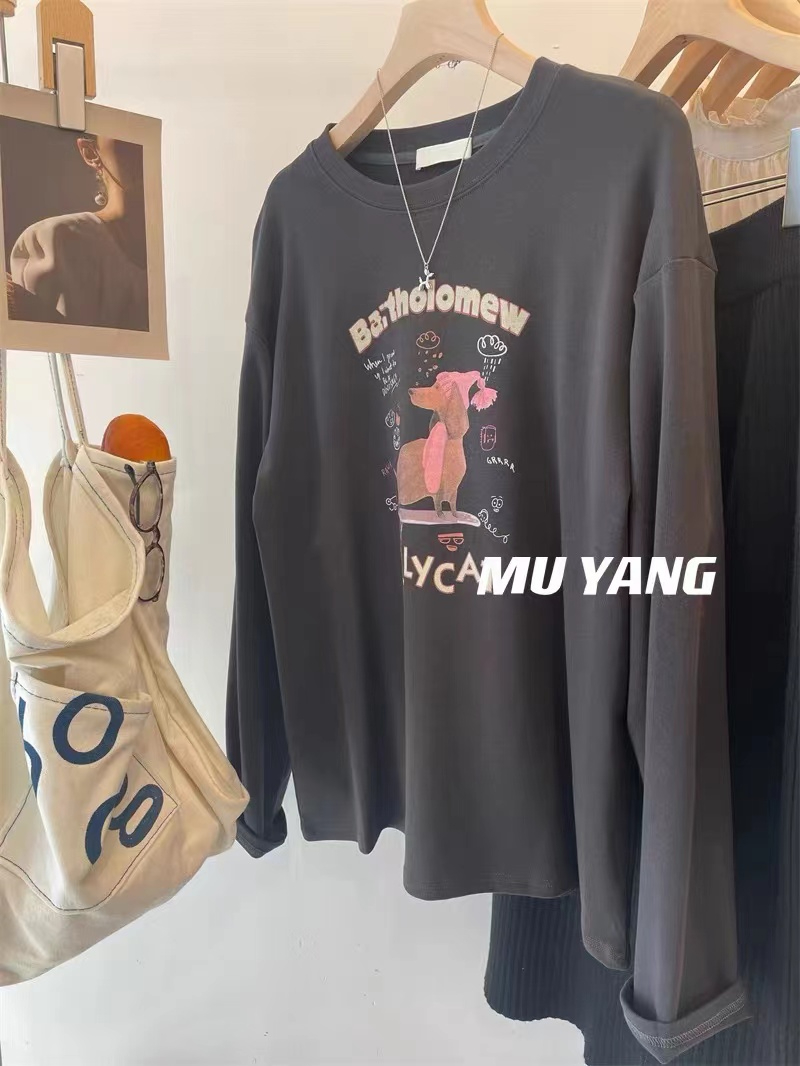 Silk cotton double-sided velvet cute wolf dog print bottoming loose long-sleeved T-shirt for women