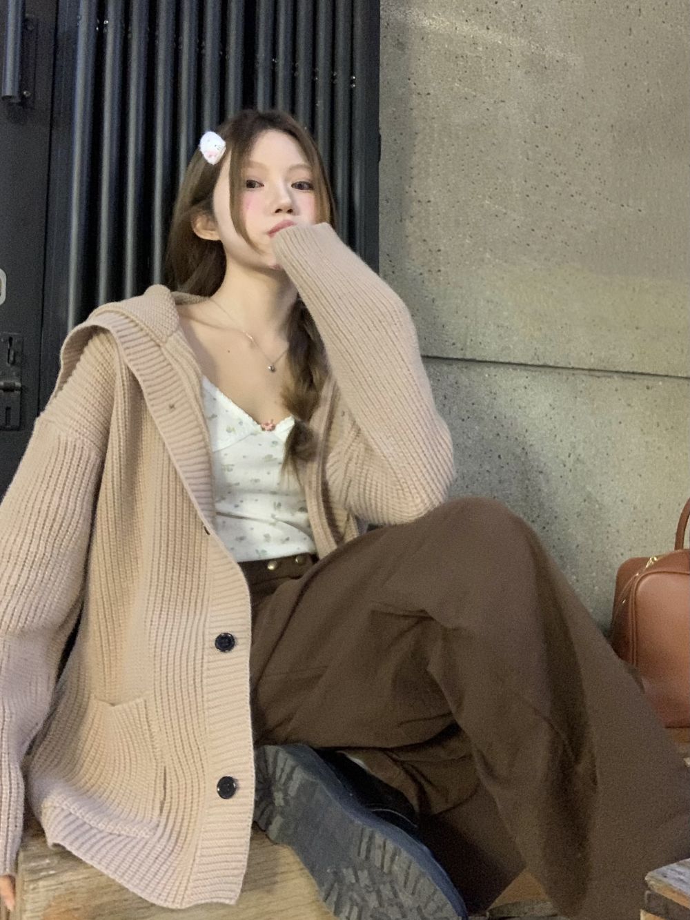 實拍三標齊大翻領設計感加厚口袋純色開衫毛衣女外套