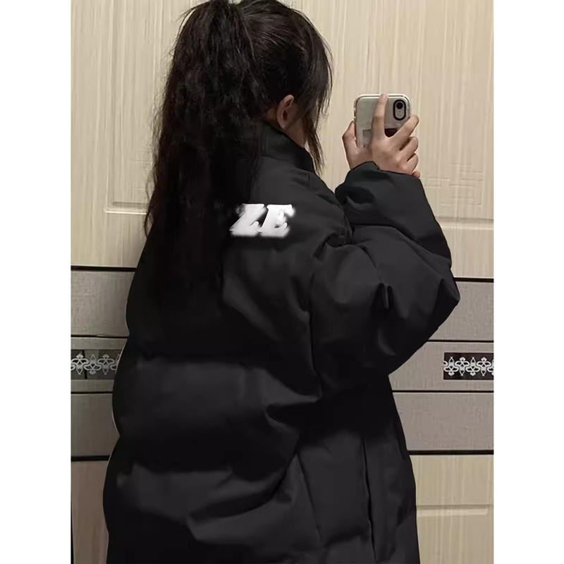 Black Winter Korean Style Cotton Clothes Women's 2023 New Thick Warm Printed Stand Collar Bread Jacket