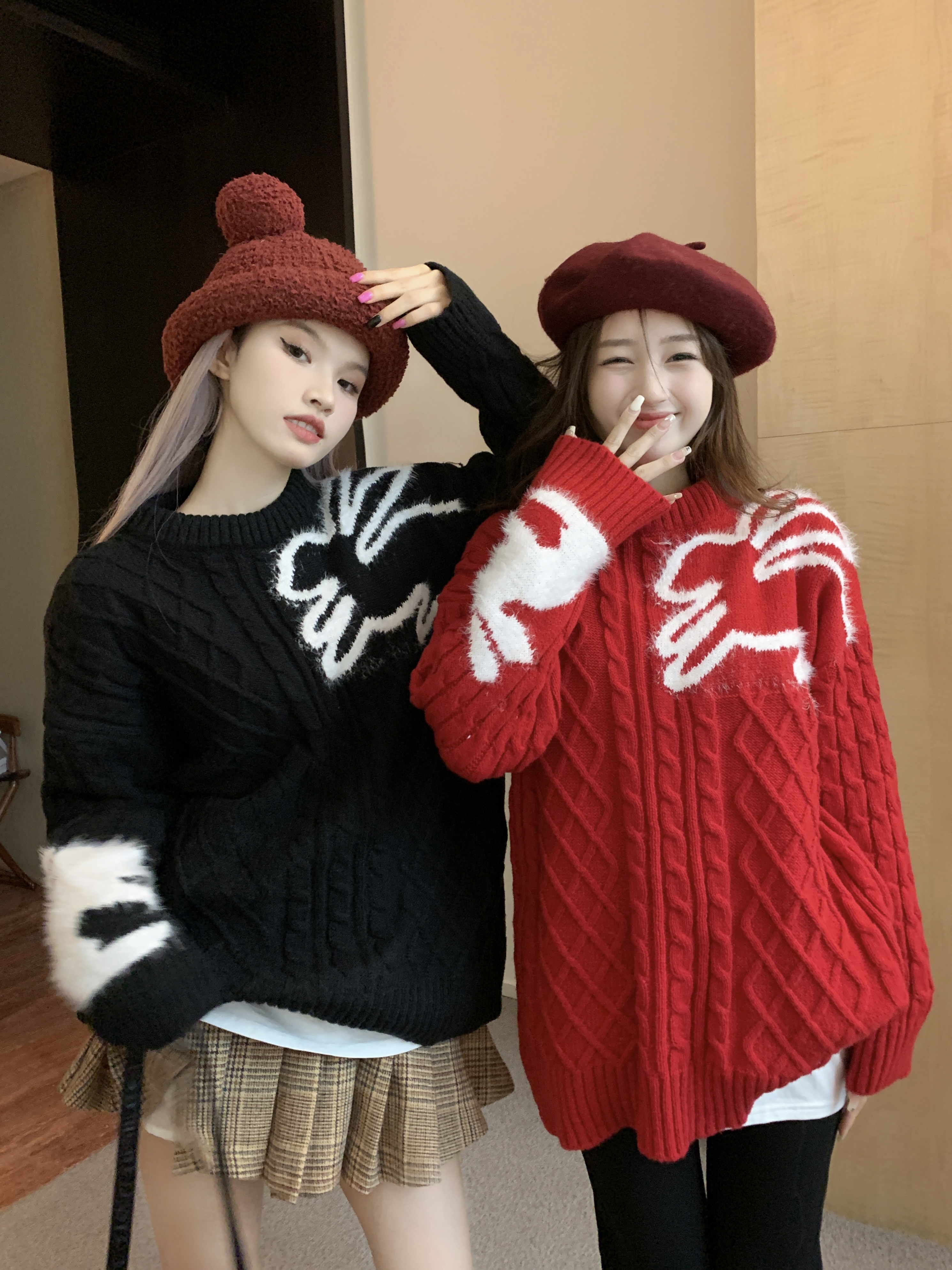 實拍 兔子刺繡麻花厚實毛衣女秋冬寬鬆甜美小眾設計感線衣