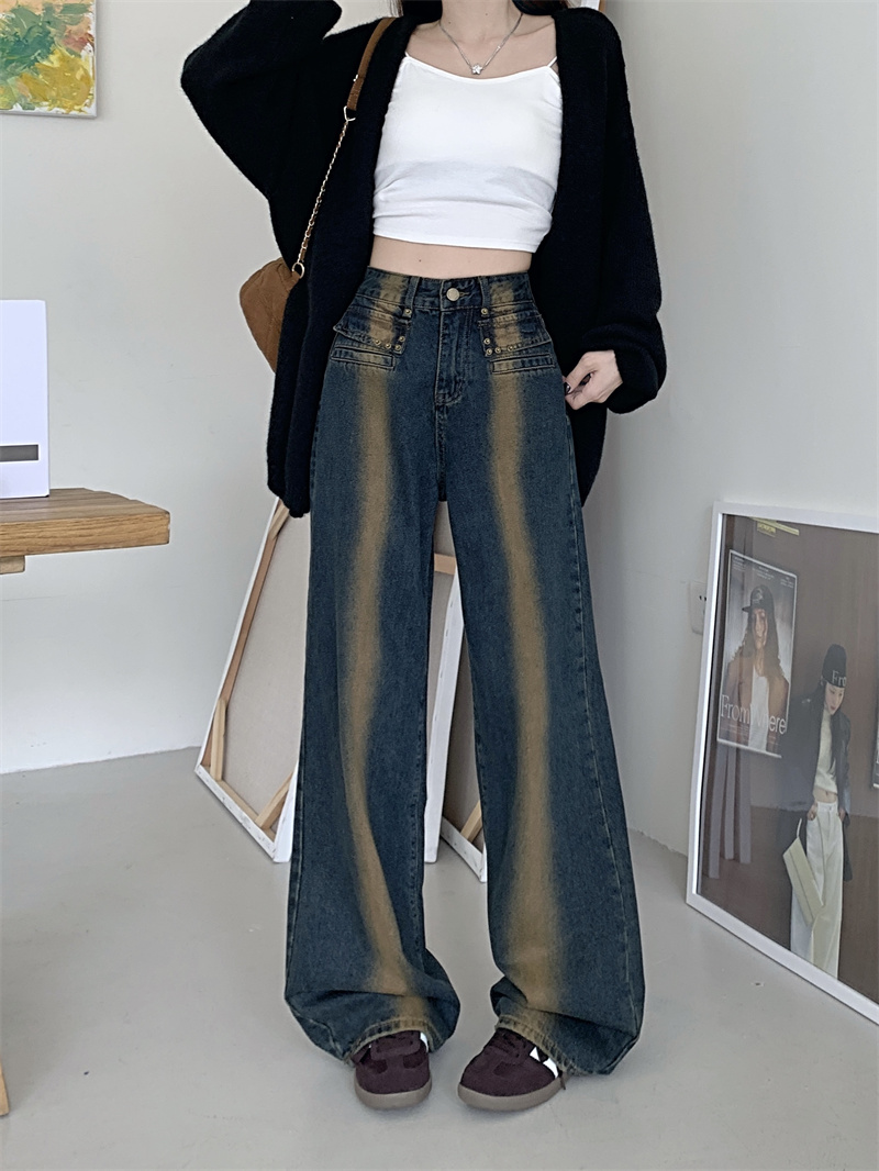 實拍磨毛抓絨加厚高腰牛仔褲女冬季2023新款寬鬆顯瘦復古百搭褲子