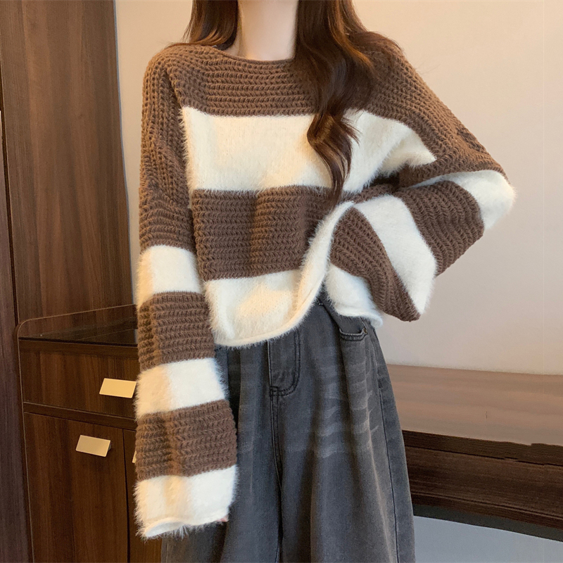 Thickened short striped imitation mink sweater for women in autumn and winter retro loose outer wear lazy style pullover round neck sweater