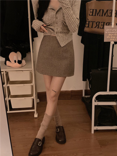 Actual shot of new winter clothing, Korean style high-waist slimming solid color thickened woolen A-line skirt with hip-covering skirt