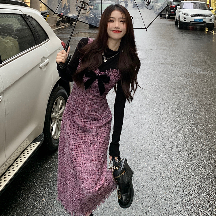 Guangzhou original quality niche French street suit skirt autumn and winter top bow purple tassel dress