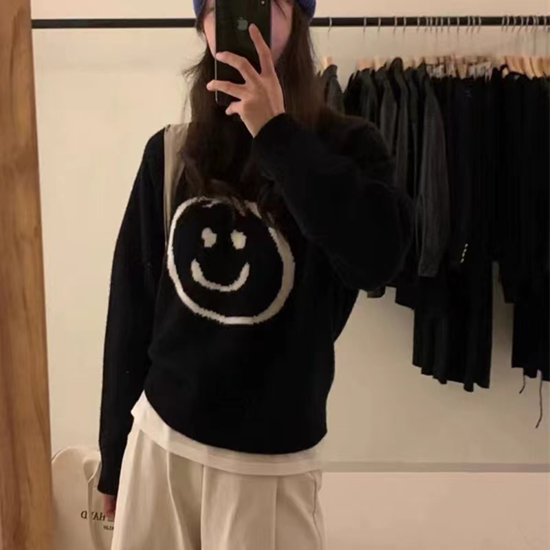 笑臉毛衣外套女秋冬外搭韓版學院風拉鏈軟糯寬鬆外穿慵懶針織套頭