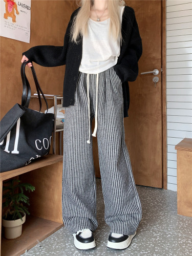Actual shot of autumn and winter striped wool and velvet casual pants and wide-leg pants