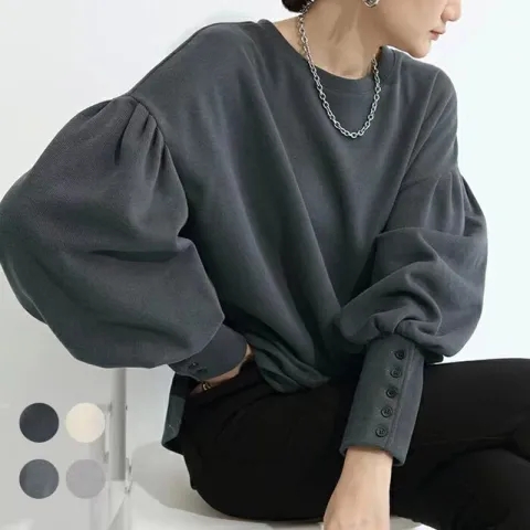 胖MM日韓新品 4色簡約燈籠袖衛衣女純色寬鬆型圓領衛衣跨境