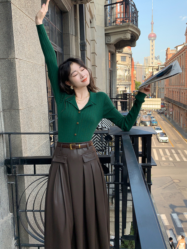 EIA一堯挪威森林港風早秋復古顯瘦翻領針織衫女長袖修身上衣