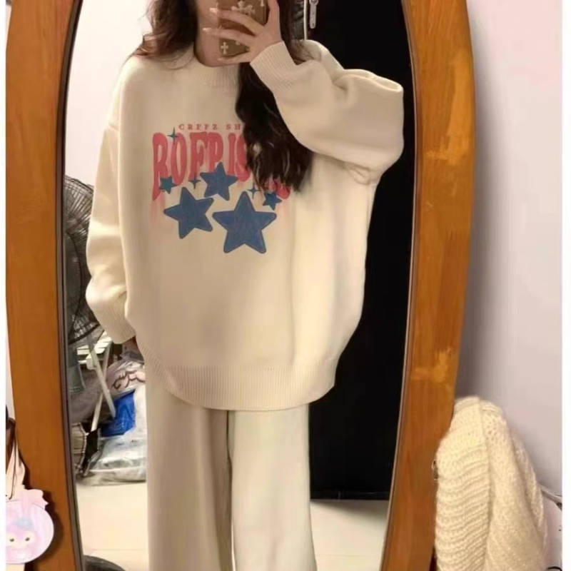 韓版慵懶風套頭毛衣女秋冬圓領寬鬆軟糯奶fufu小星星oversize上衣
