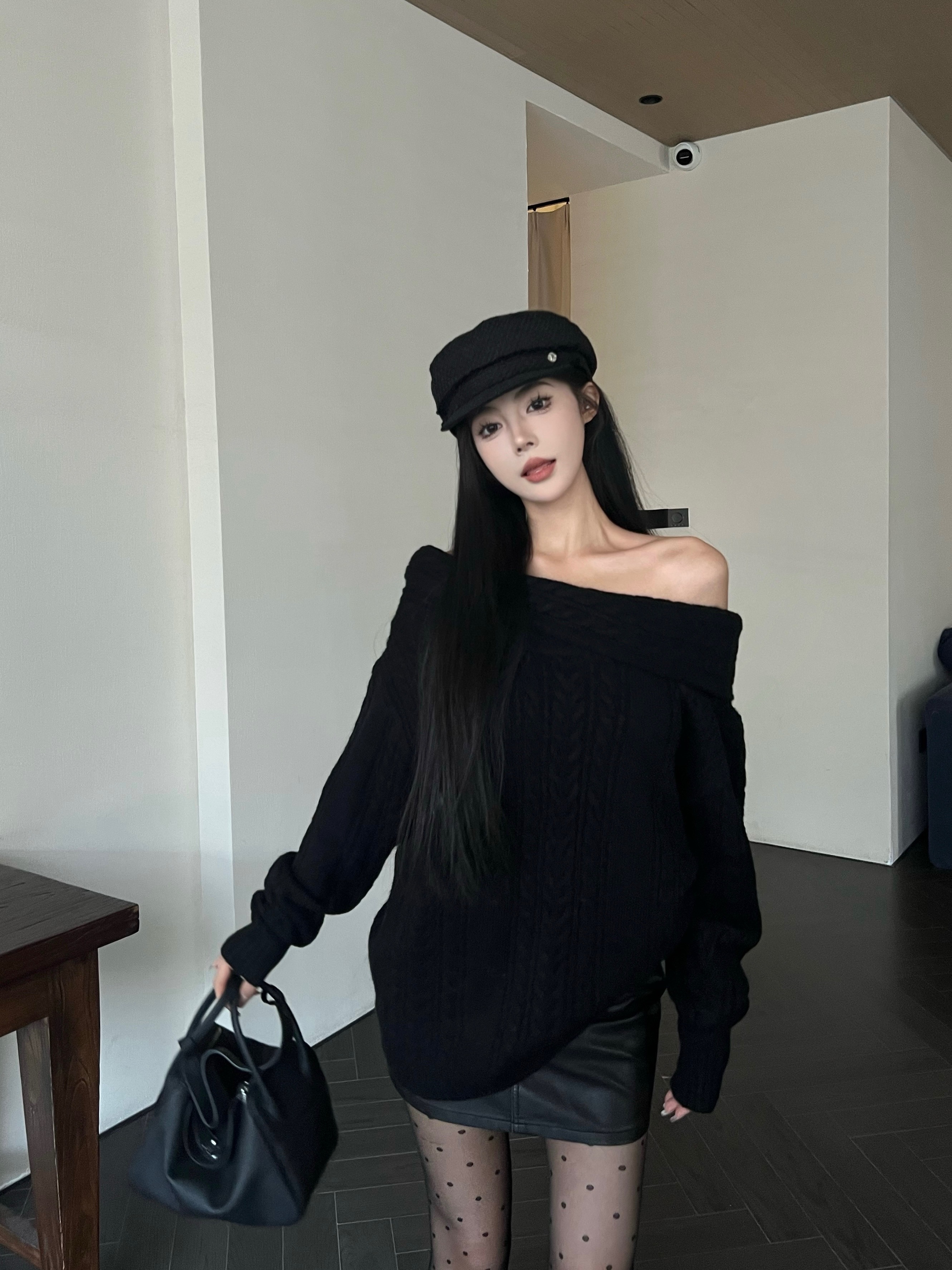 實拍 復古花紋軟糯一字肩慵懶氛圍感上衣百搭時尚針織毛衣