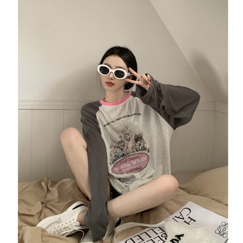 Official picture 6535 stretch cotton, contrasting color stitching, fun cartoon printing, long-sleeved sun protection clothing for women, Hong Kong style
