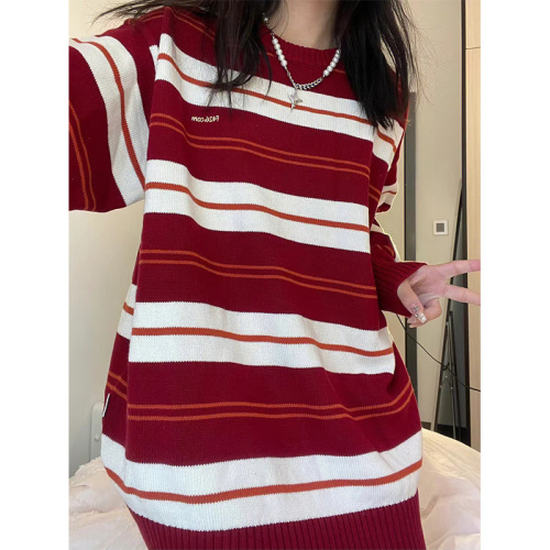 Spring and autumn new style Japanese lazy retro red and white striped design pullover sweater for women loose