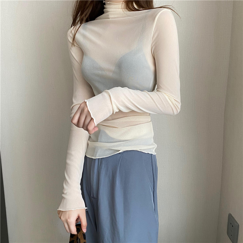 Real shot of see-through small turtleneck mesh versatile fungus hem bottoming shirt long-sleeved T-shirt