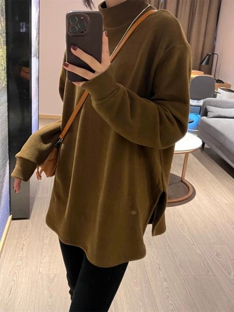 歐貨半高領德絨打底衫女秋冬內搭上衣加絨加厚寬鬆中長款磨毛t恤