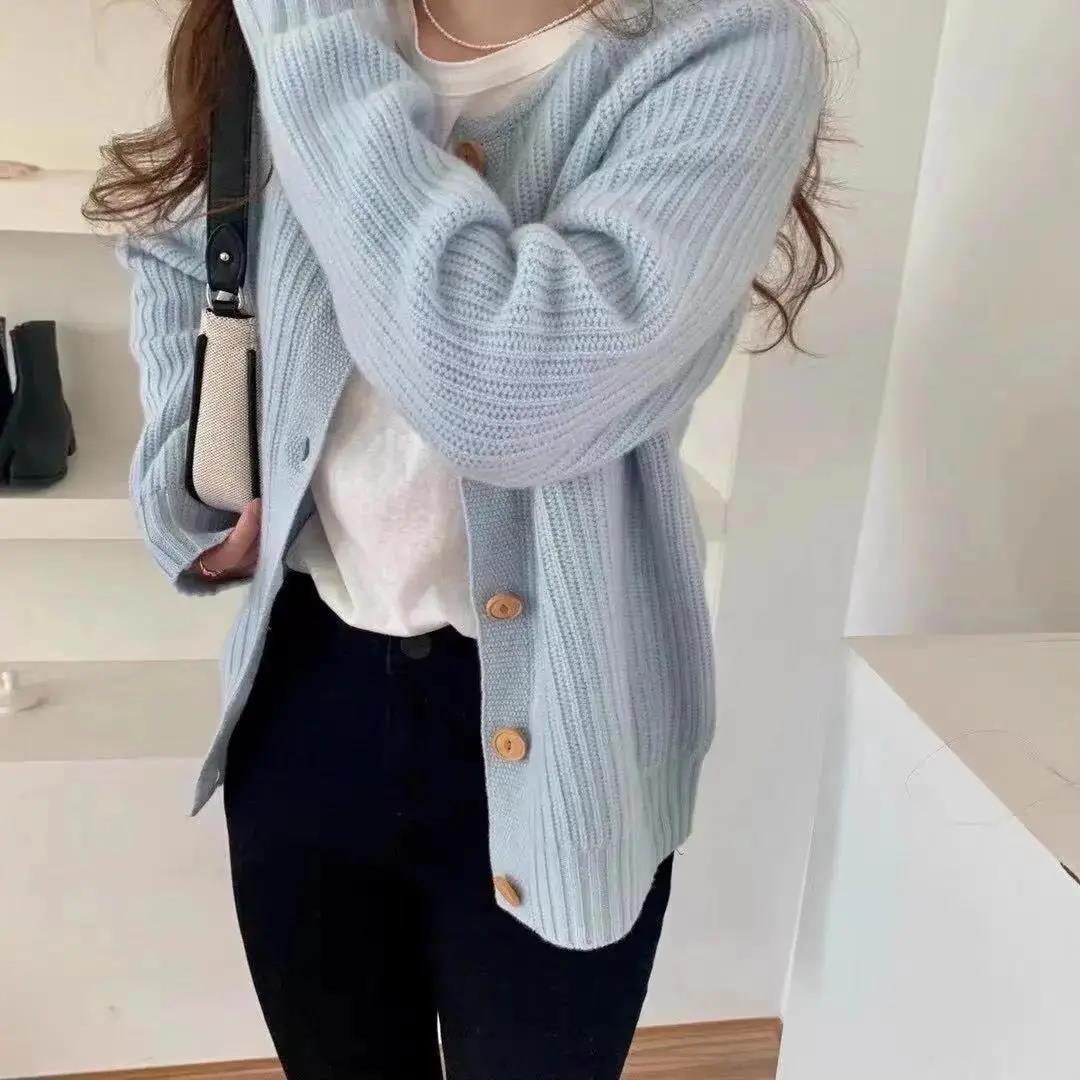 軟奶藍色毛衣外套女春秋寬鬆慵懶風日系溫柔洋氣上衣鹽系針織開衫