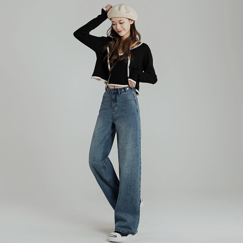 Real shot of autumn and winter nostalgic adjustable buckle vertical high waist jeans for women