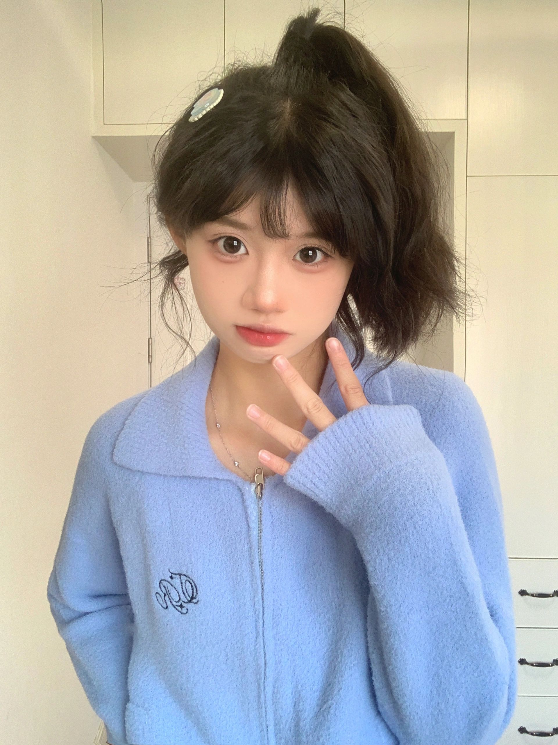 奶呼呼藍色Polo領翻領針織開衫女秋冬季慵懶風毛衣外套雙拉鏈上衣
