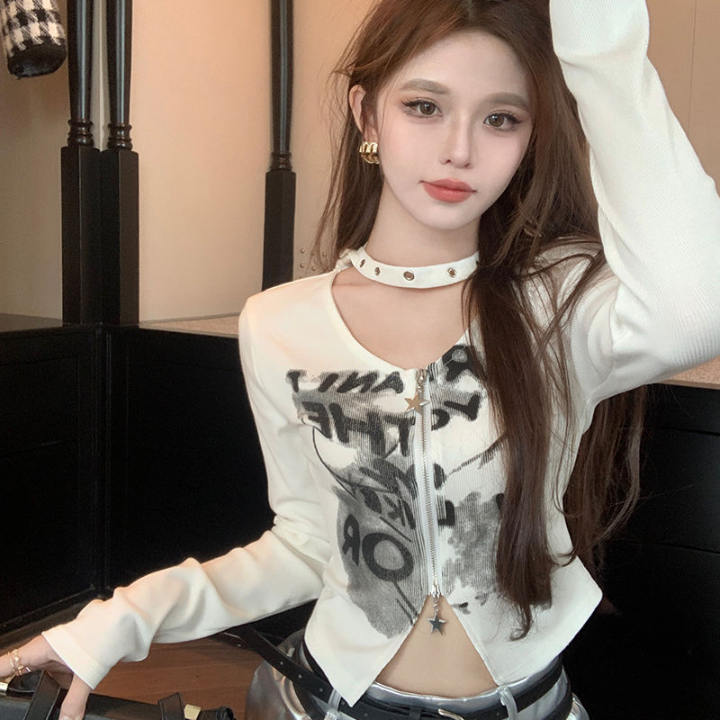 螺紋德絨印花拉鏈長袖t恤女秋季新款設計感小眾修身顯瘦上衣