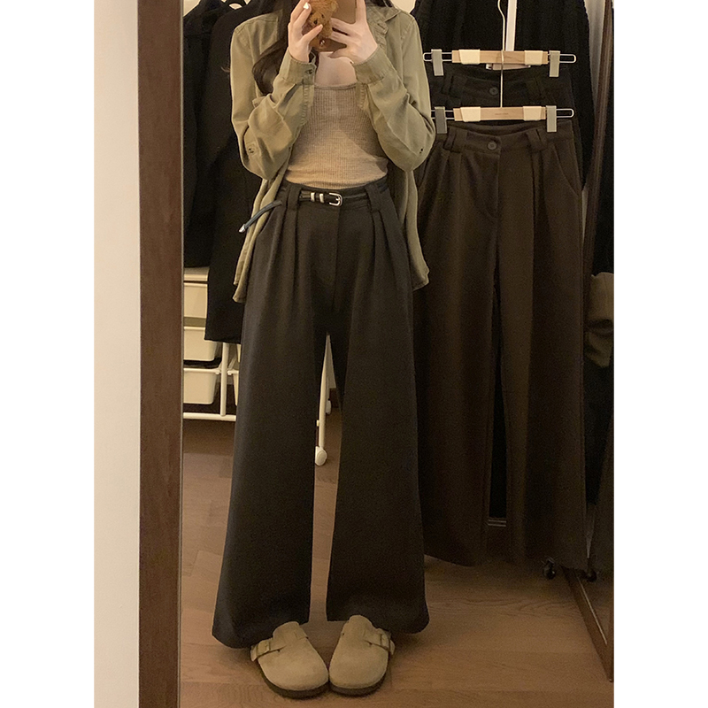 實拍2023秋冬季新款加厚呢子休閒闊腿褲子女休閒寬鬆拖地褲子女
