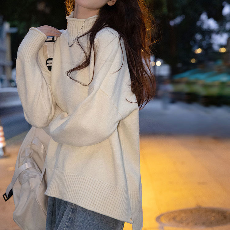 杏色卷邊高領純色毛衣女2023冬季新款寬鬆韓版慵懶風針織