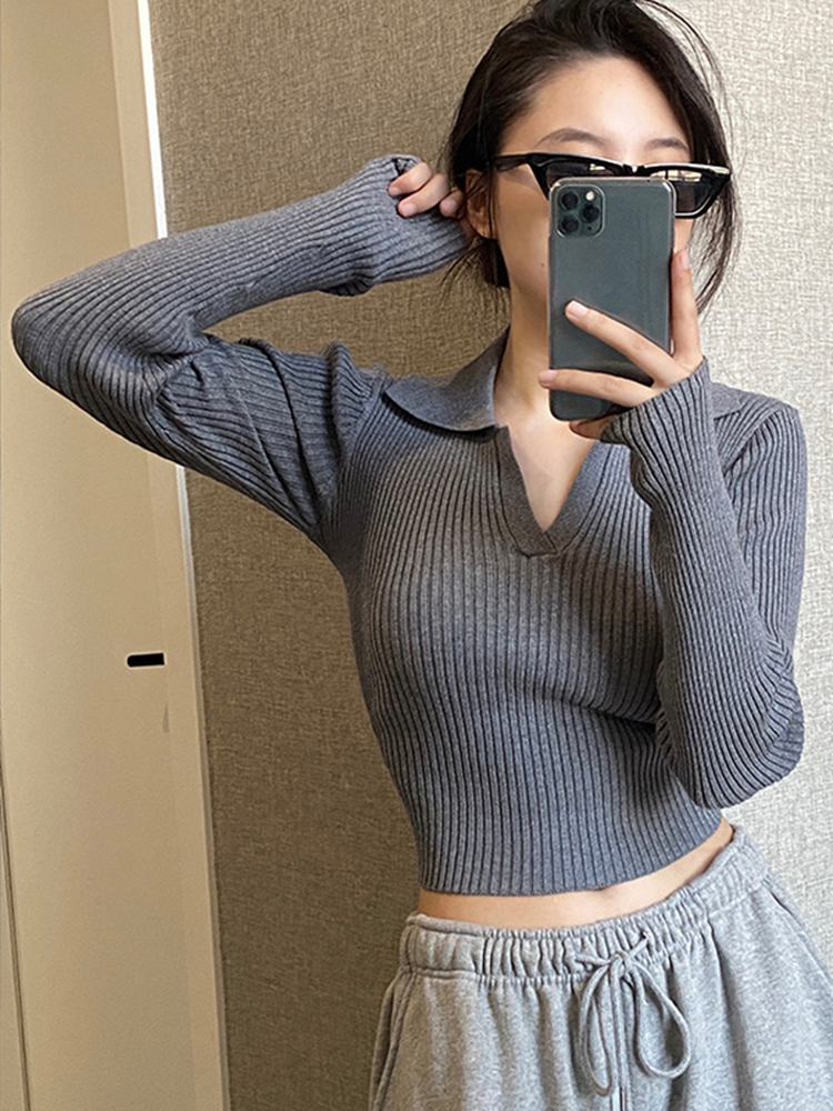 灰色內搭打底衫女秋冬針織衫別致絕美上衣辣妹設計感短款v領毛衣