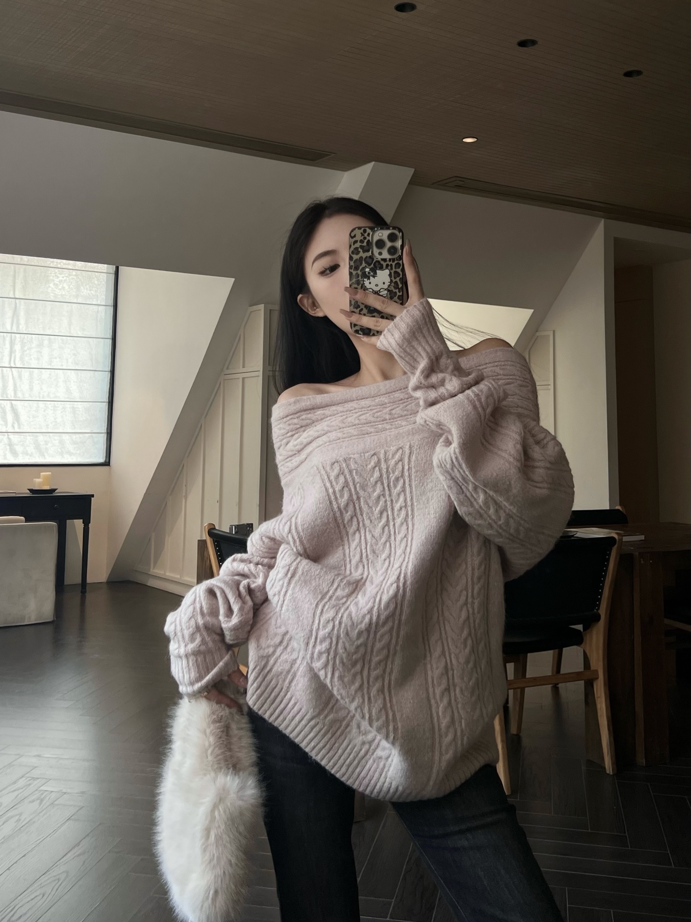 實拍 復古花紋軟糯一字肩慵懶氛圍感上衣百搭時尚針織毛衣