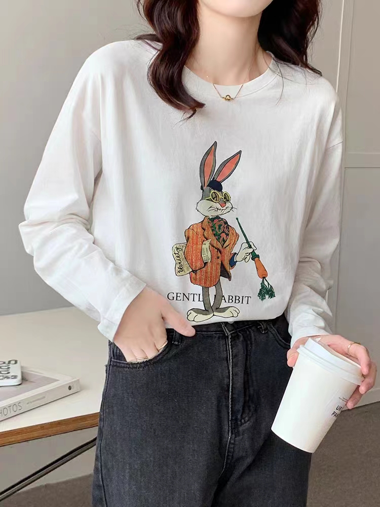 個性印花長袖T恤女白色撞色簡約內搭高級感打底上衣