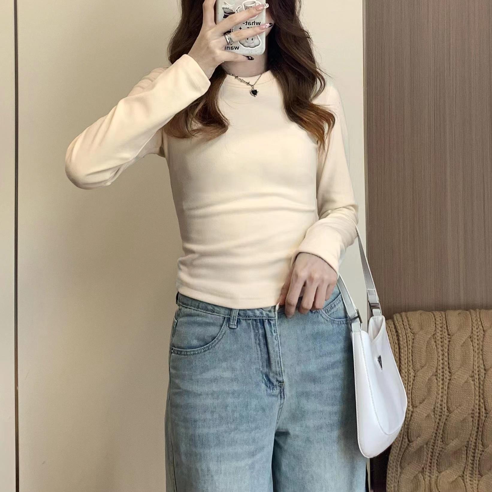 德絨打底衫女秋冬內搭2023新款磨毛修身顯瘦短款正肩長袖t恤上衣