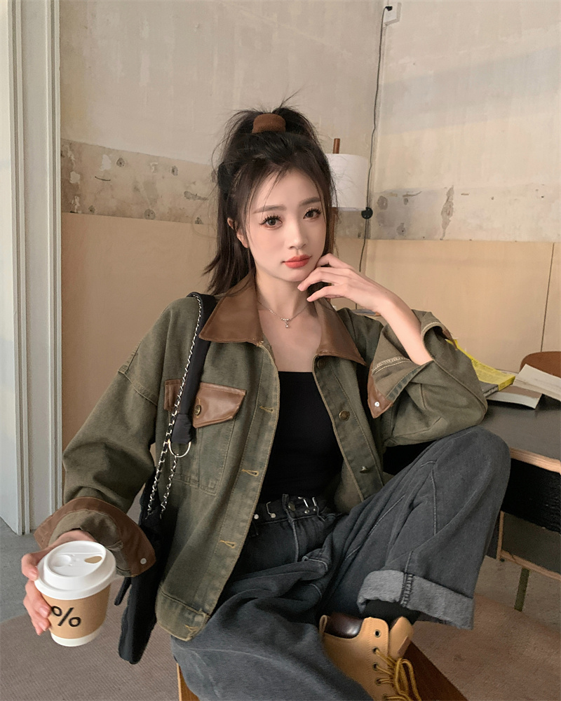實拍~美式辣妹高級設計短款顯瘦百搭寬鬆牛仔外套