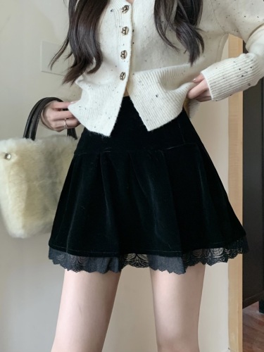 实拍 新款韩版高腰显瘦丝绒拼接蕾丝百褶半身裙
