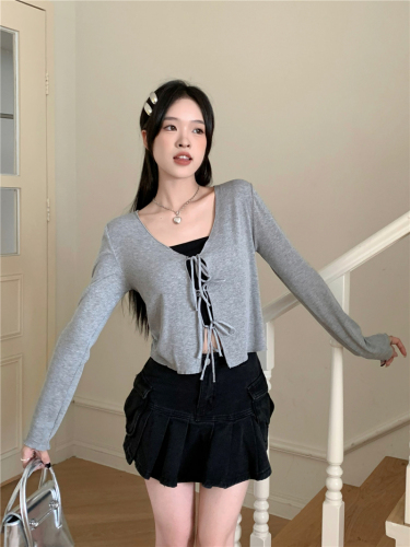 Real shot of v-neck slim fit and versatile long-sleeved strappy cardigan jacket for women