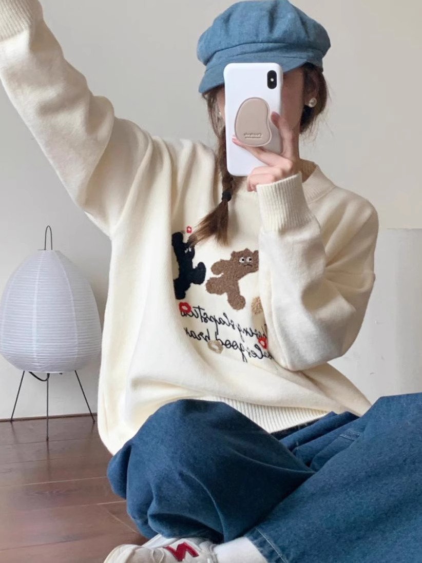 韓版卡通字母植絨套頭毛衣女秋冬新款寬鬆甜美百搭軟糯針織衫上衣